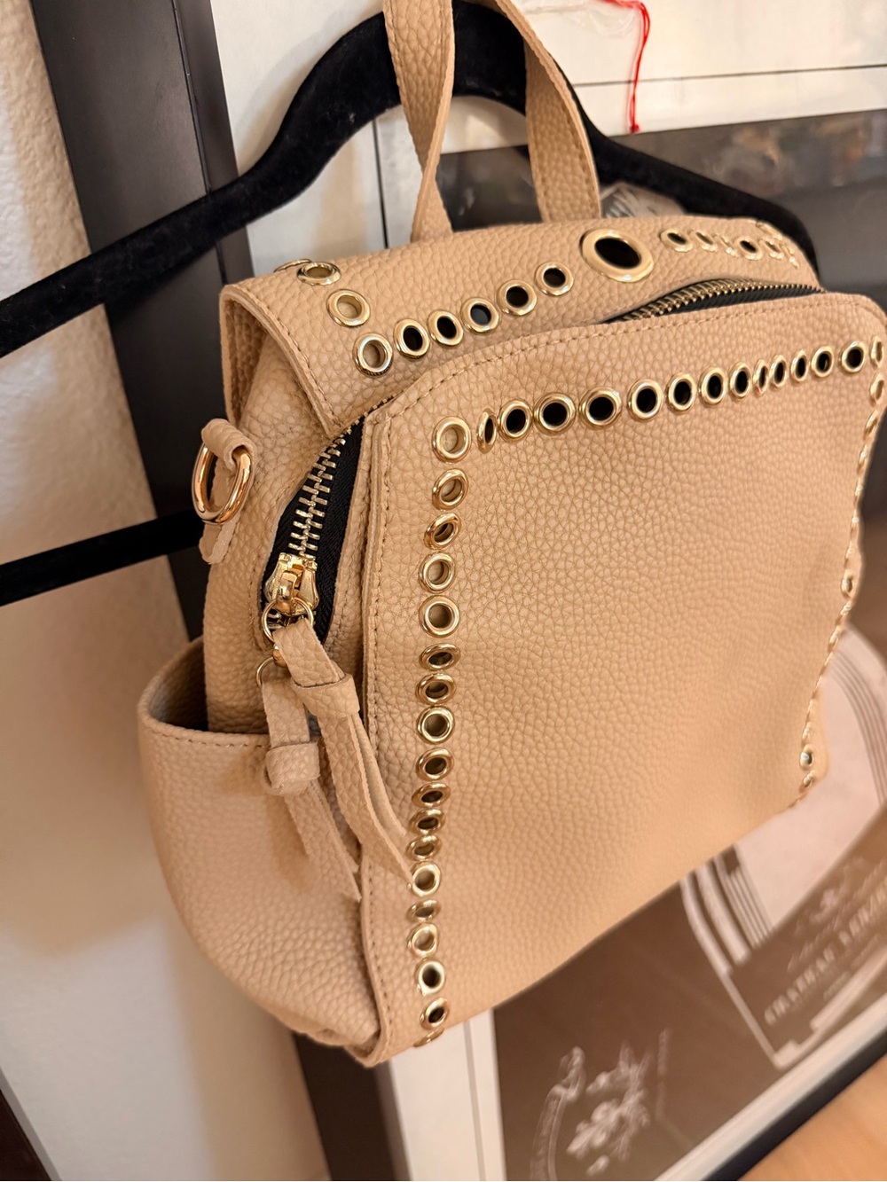 Beige Pebbled Women's Backpack with Gold Eyelet Accents (NWOT)